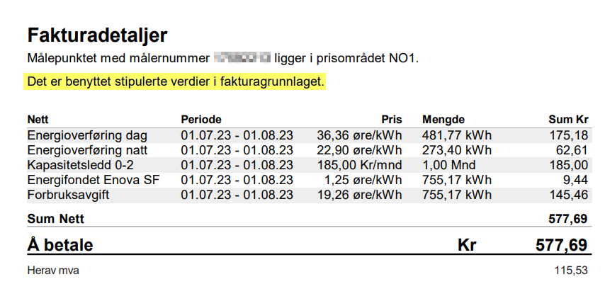 Utklipp fra faktura som viser om du har hatt stipulert forbruk